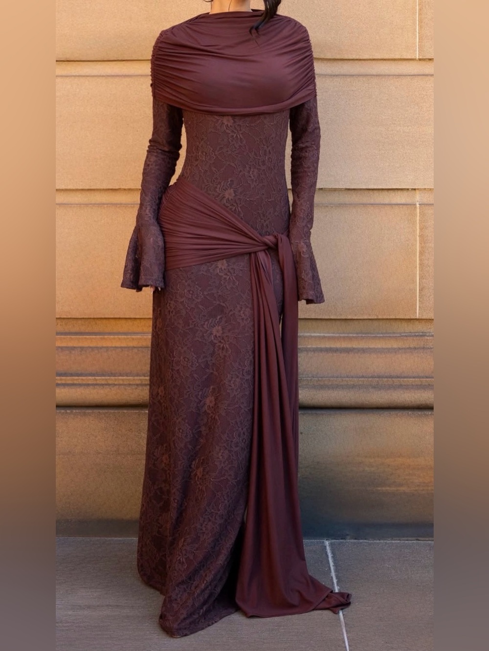 Sana The Label burgandy Lace Long-Sleeve Maxi Dress with Draped Sash